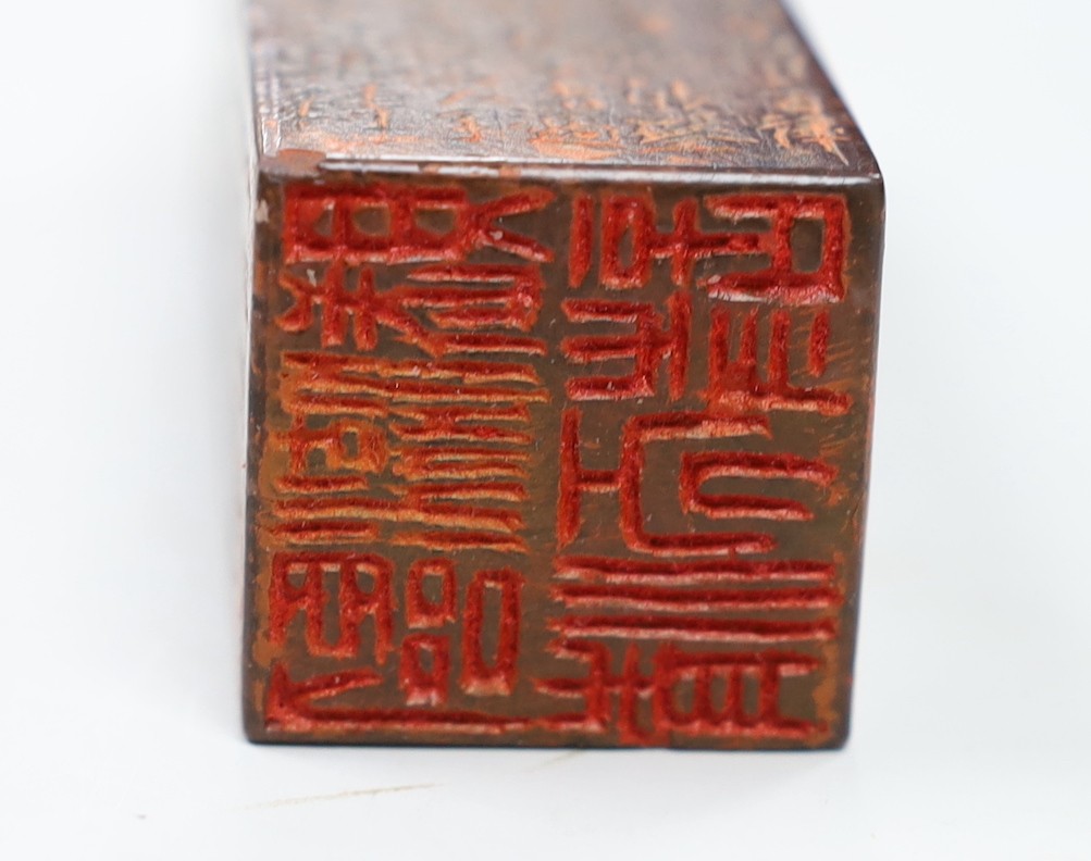 Two Chinese soapstone inscribed seals, 12cm